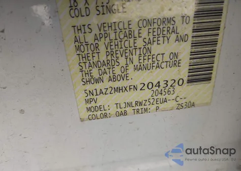 2015 Nissan Murano Sl z USA, uszkodzony, nr VIN 5N1AZ2MHXFN204320